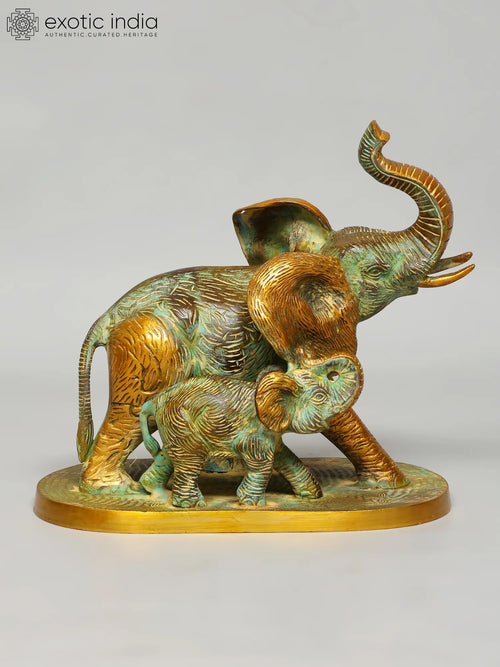 12" Mother Baby Elephant Handmade Brass Statue for Home Decor