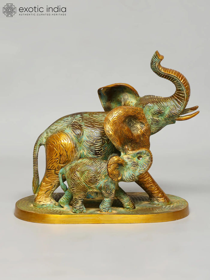12" Mother Baby Elephant Handmade Brass Statue for Home Decor