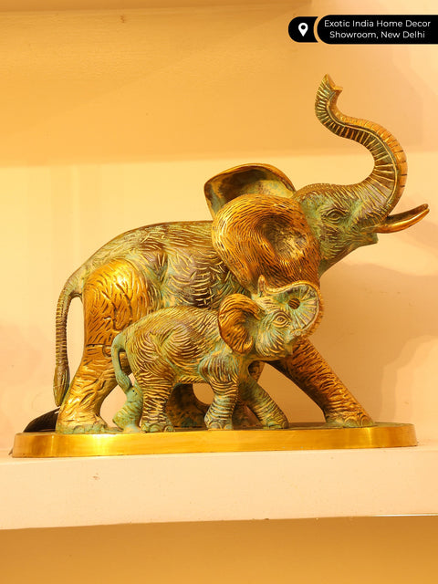 12" Mother with Baby Elephant | Decorative Brass Statue | Home Decor