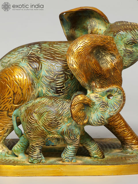 12" Mother with Baby Elephant | Decorative Brass Statue | Home Decor