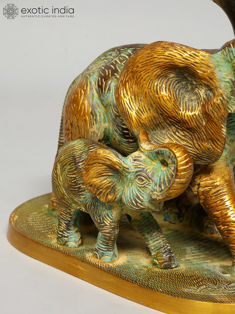 12" Mother with Baby Elephant | Decorative Brass Statue | Home Decor