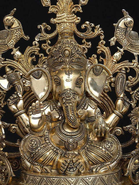 17" Fine Blessing Lord Ganesha Seated on Beautiful Throne | Brass Statue