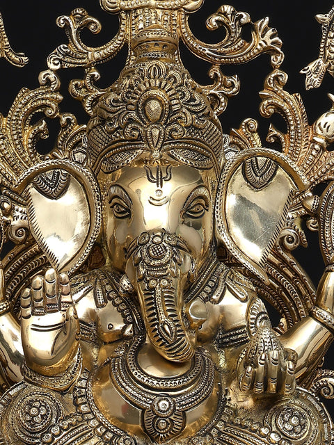 17" Fine Blessing Lord Ganesha Seated on Beautiful Throne | Brass Statue