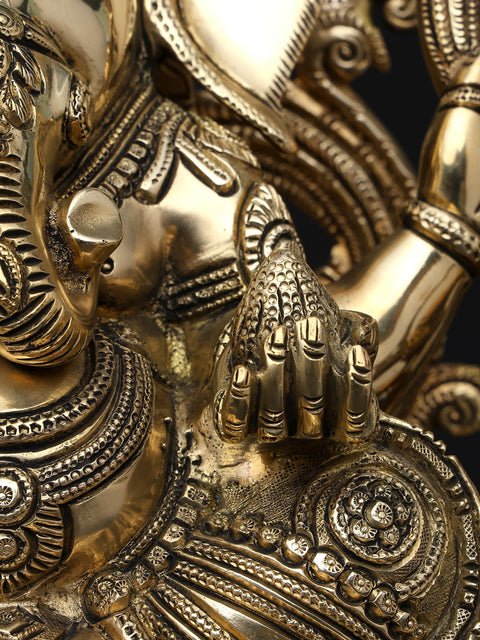 17" Fine Blessing Lord Ganesha Seated on Beautiful Throne | Brass Statue