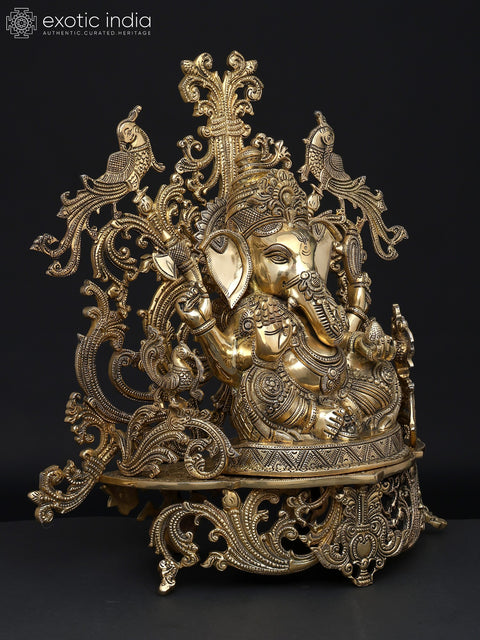 17" Fine Blessing Lord Ganesha Seated on Beautiful Throne | Brass Statue