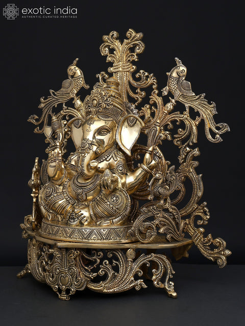 17" Fine Blessing Lord Ganesha Seated on Beautiful Throne | Brass Statue