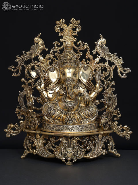 17" Fine Blessing Lord Ganesha Seated on Beautiful Throne | Brass Statue