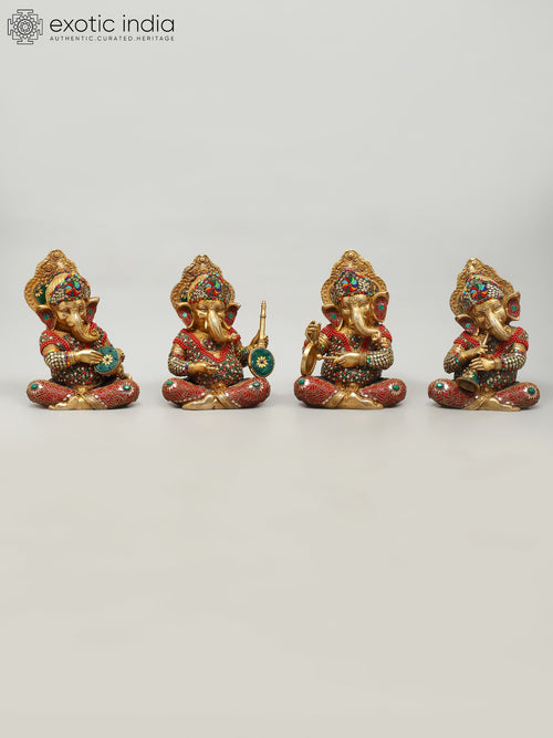 12" Brass Ganesha Musical Set with Inlay Work Statues