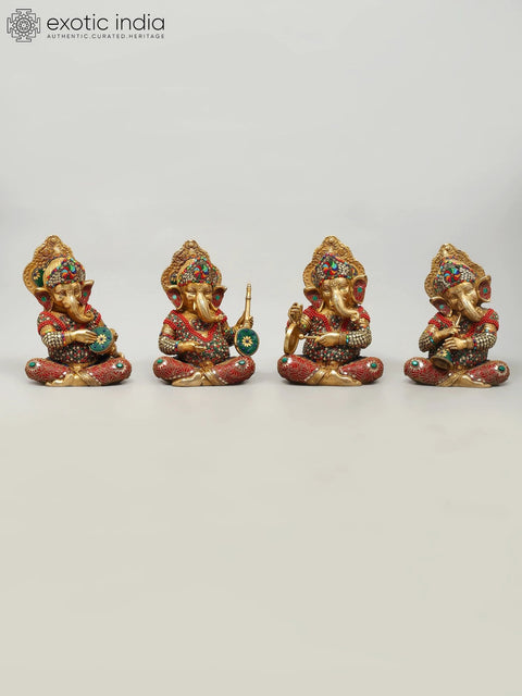 12" Set of Four Musical Ganesha | Brass Statues with Inlay Work