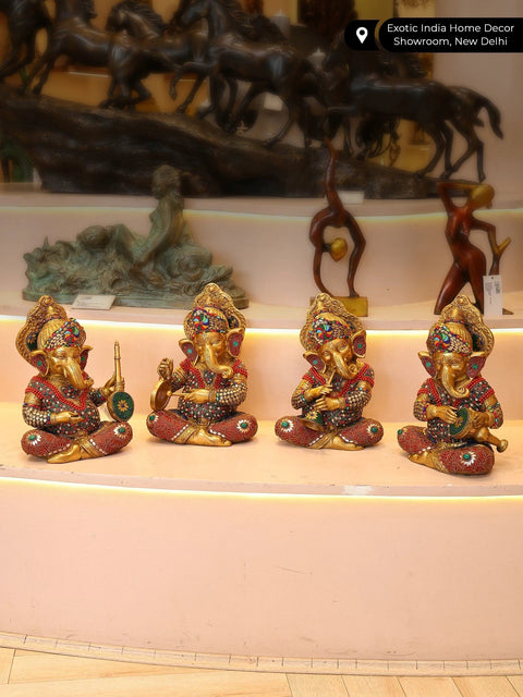 12" Set of Four Musical Ganesha | Brass Statues with Inlay Work