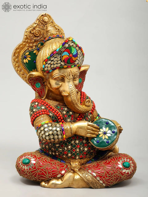 12" Set of Four Musical Ganesha | Brass Statues with Inlay Work