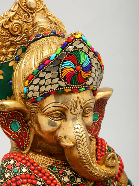 12" Set of Four Musical Ganesha | Brass Statues with Inlay Work