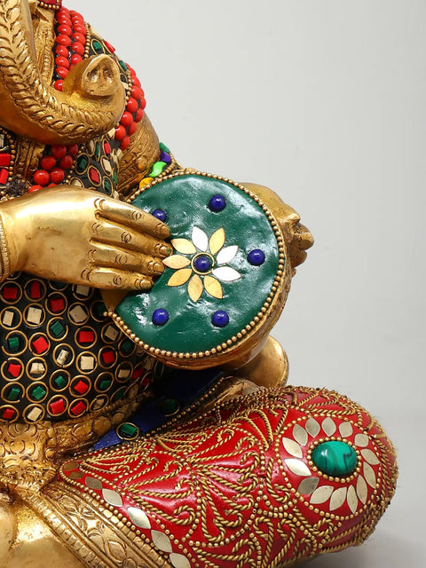 12" Set of Four Musical Ganesha | Brass Statues with Inlay Work