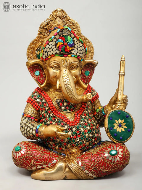 12" Set of Four Musical Ganesha | Brass Statues with Inlay Work
