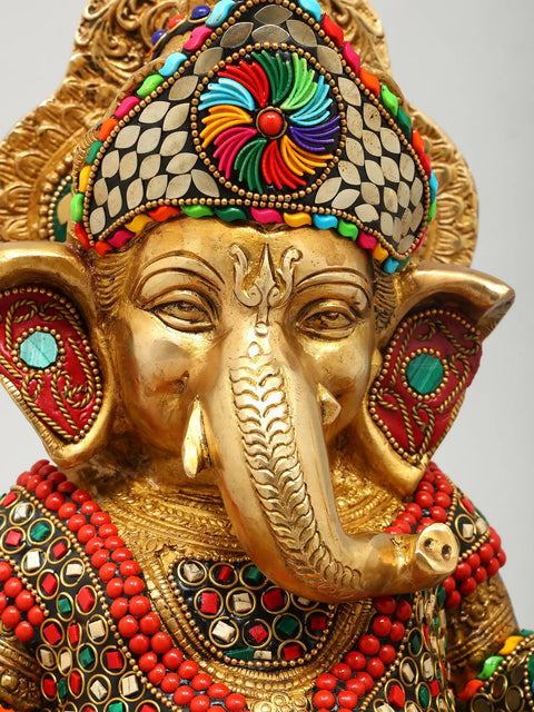 12" Set of Four Musical Ganesha | Brass Statues with Inlay Work