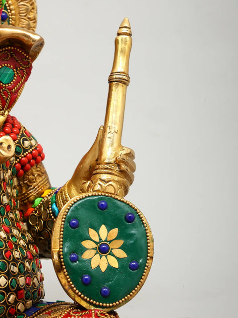 12" Set of Four Musical Ganesha | Brass Statues with Inlay Work