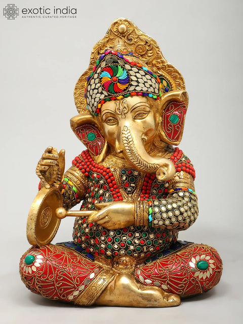 12" Set of Four Musical Ganesha | Brass Statues with Inlay Work
