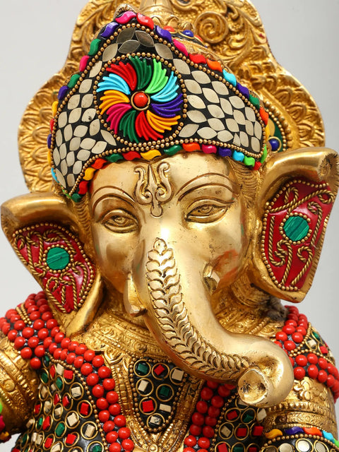 12" Set of Four Musical Ganesha | Brass Statues with Inlay Work