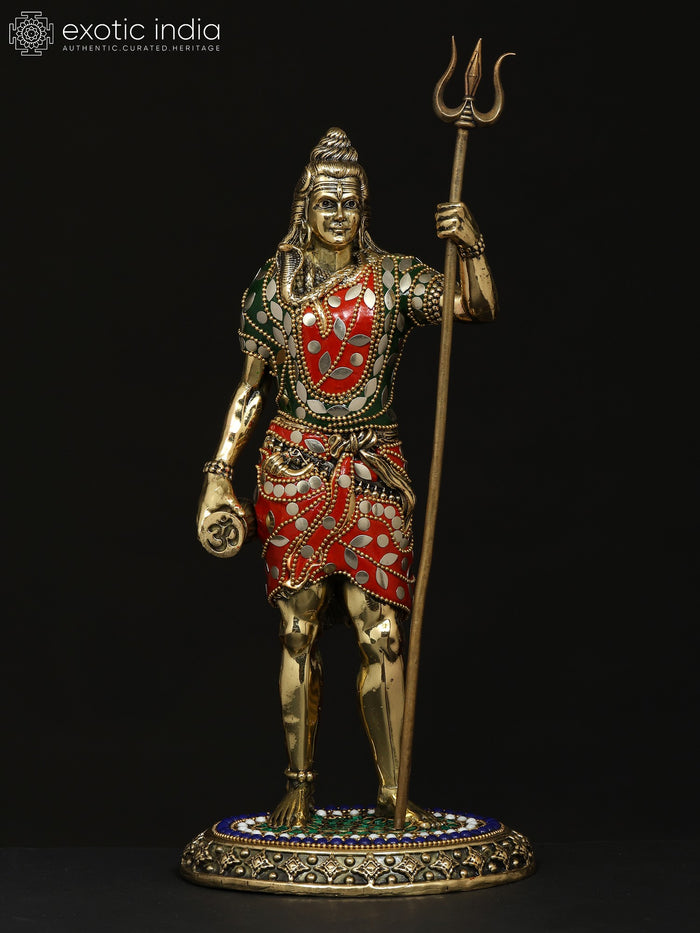12" Standing Lord Shiva Brass Statue with Inlay Work