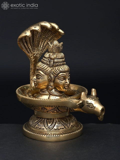 5" Small Nandimukh Shivalingam with 3 Shiva Faces | Brass Statue