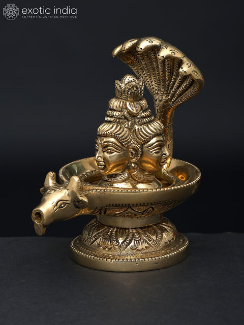 5" Small Nandimukh Shivalingam with 3 Shiva Faces | Brass Statue
