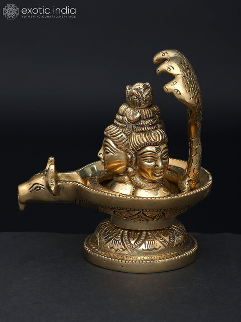 5" Small Nandimukh Shivalingam with 3 Shiva Faces | Brass Statue