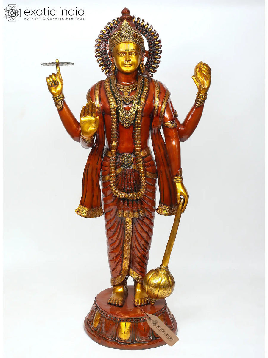 72" Four Armed Standing Lord Vishnu Brass Statue for Home Pooja