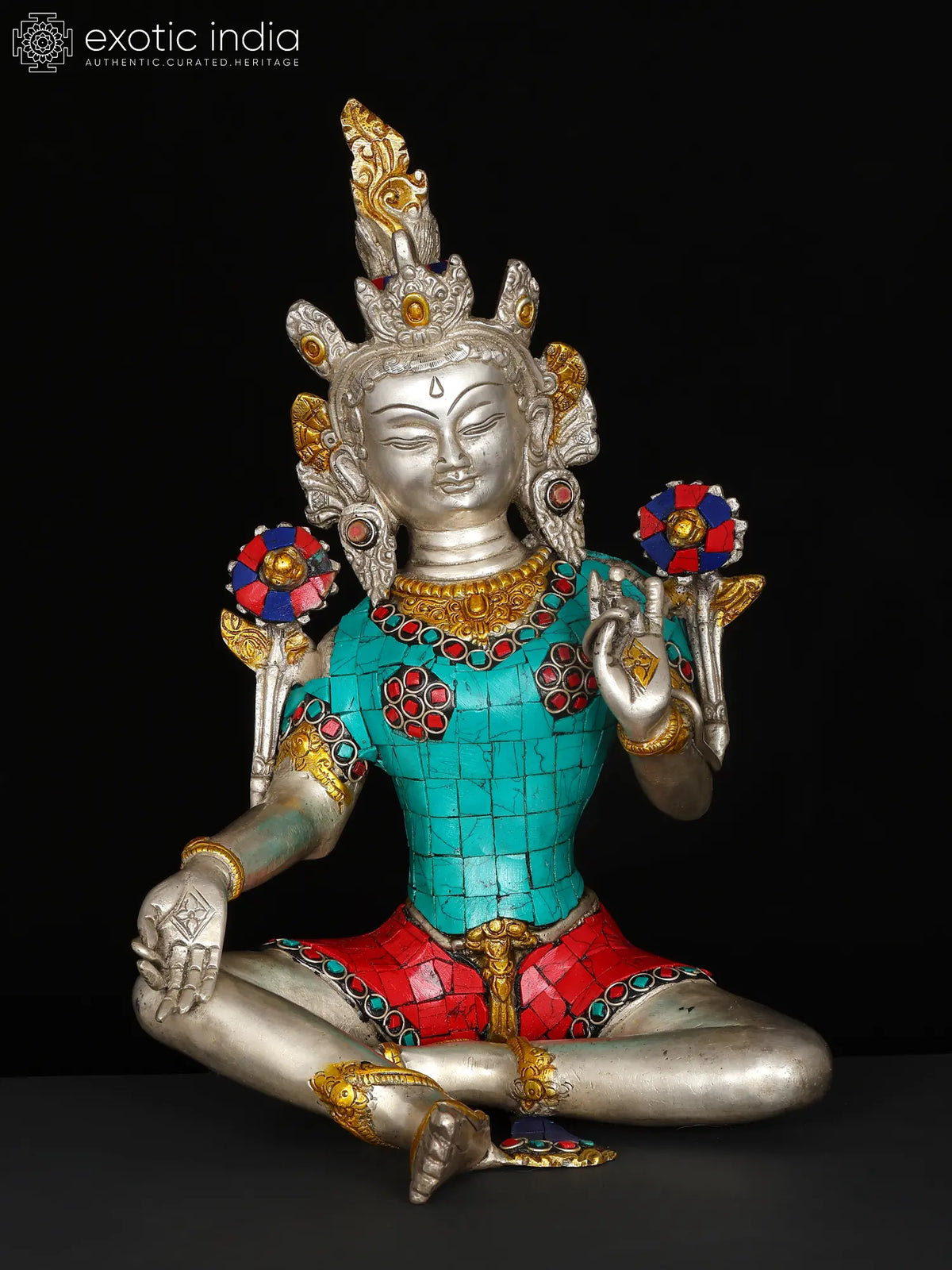 10" Tibetan Buddhist Goddesss Green Tara | Brass Statue with Inlay Work