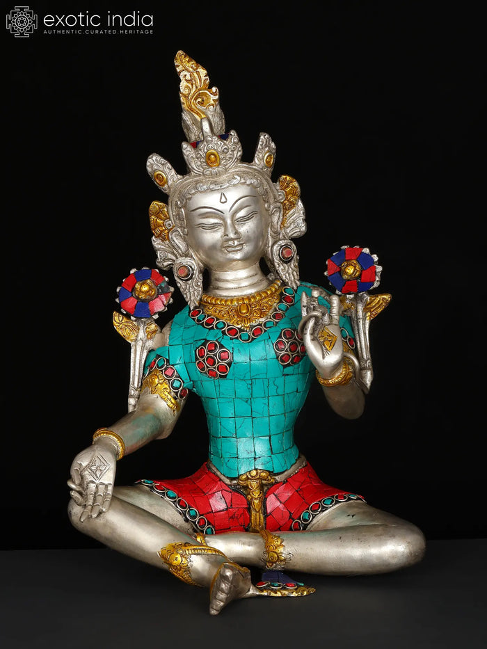 10" Tibetan Buddhist Goddesss Green Tara | Brass Statue with Inlay Work