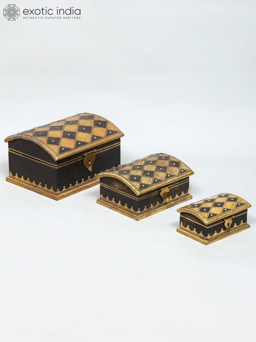 Set of Three Designer Brass Storage Boxes for Home Decor