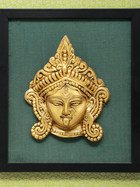 14" Wood Framed Goddess Durga Statue in Brass | Wall Hanging