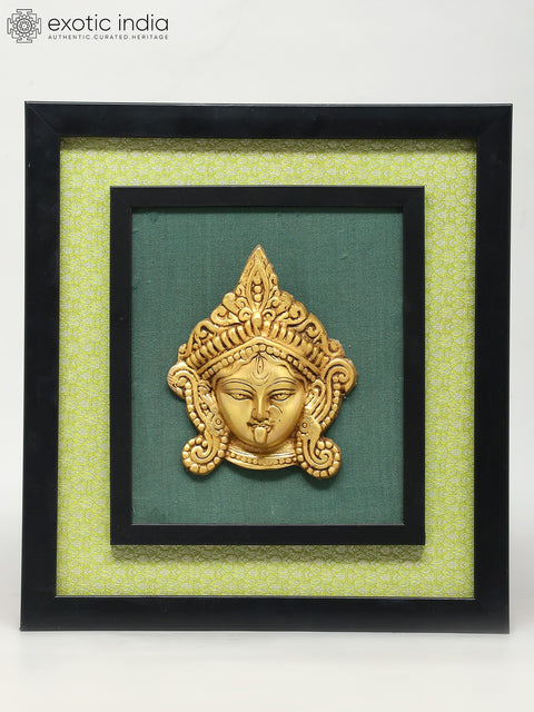 14" Wood Framed Goddess Durga Statue in Brass | Wall Hanging