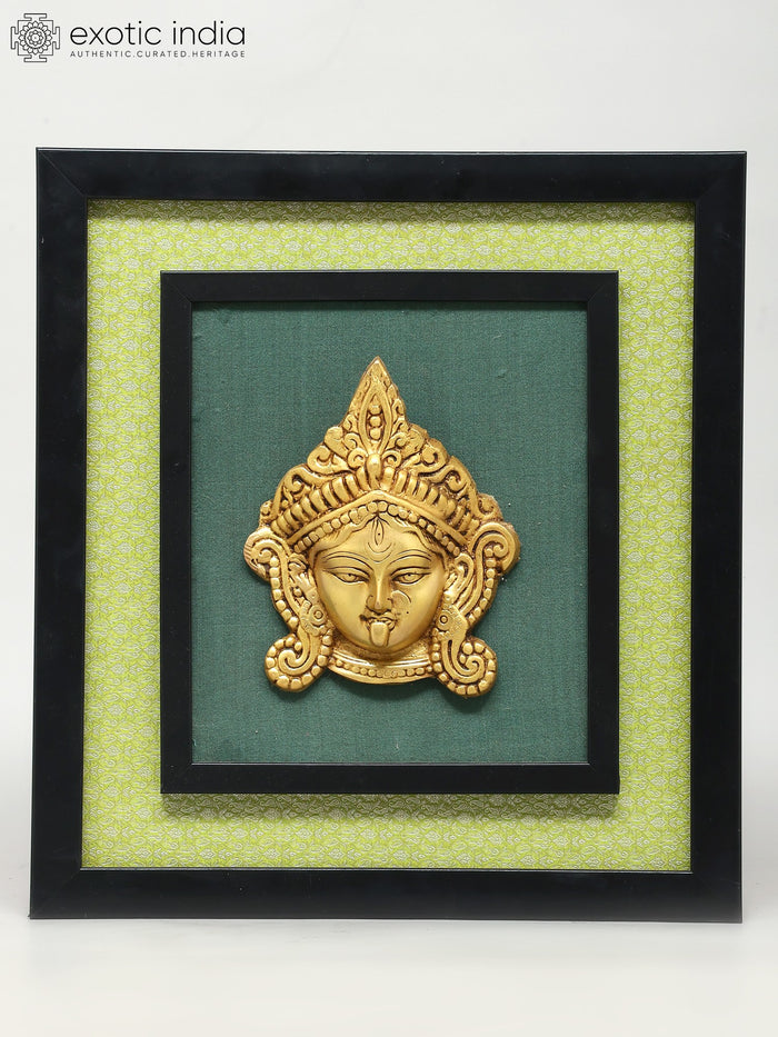 14" Wood Framed Goddess Durga Statue in Brass | Wall Hanging