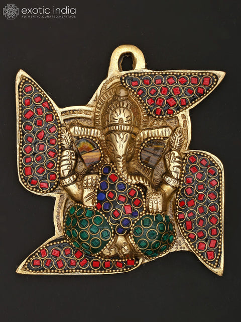 5" Small Blessing Lord Ganesha on Swastik | Wall Hanging | Brass Statue with Inlay Work