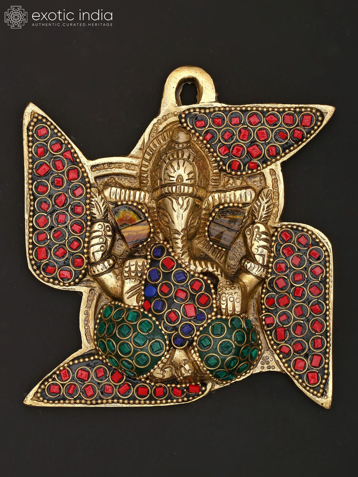 5" Brass Ganesha on Swastik Wall Hanging Statue with Inlay Work