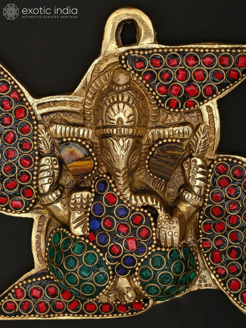 5" Small Blessing Lord Ganesha on Swastik | Wall Hanging | Brass Statue with Inlay Work