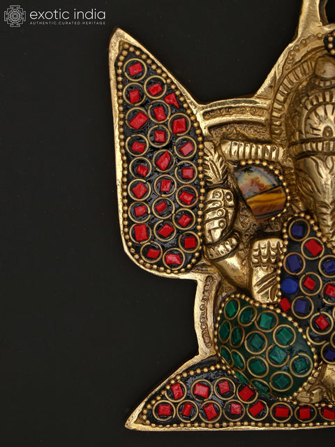 5" Small Blessing Lord Ganesha on Swastik | Wall Hanging | Brass Statue with Inlay Work