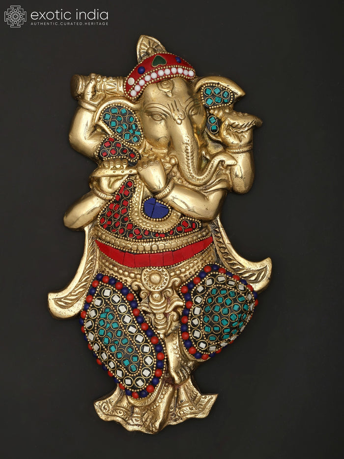 10" Brass Lord Ganesha Dancing Flute Wall Hanging Statue with Inlay