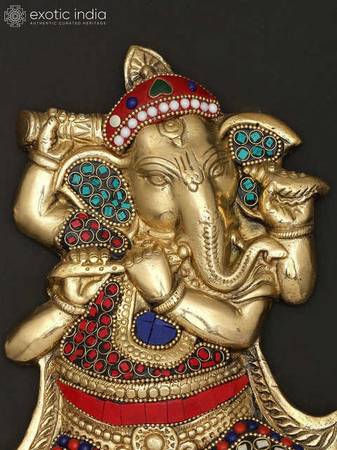10" Small Lord Ganesha Dancing and Playing Flute | Wall Hanging | Brass Statue with Inlay Work