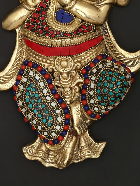 10" Small Lord Ganesha Dancing and Playing Flute | Wall Hanging | Brass Statue with Inlay Work