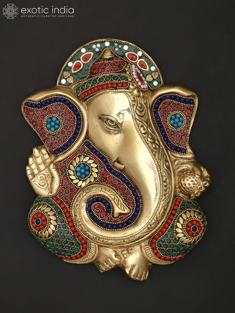 10" Lord Ganesha | Wall Hanging Brass Statue with Inlay Work