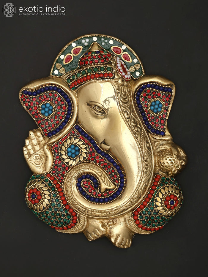 10" Lord Ganesha Brass Wall Hanging Statue with Inlay Work