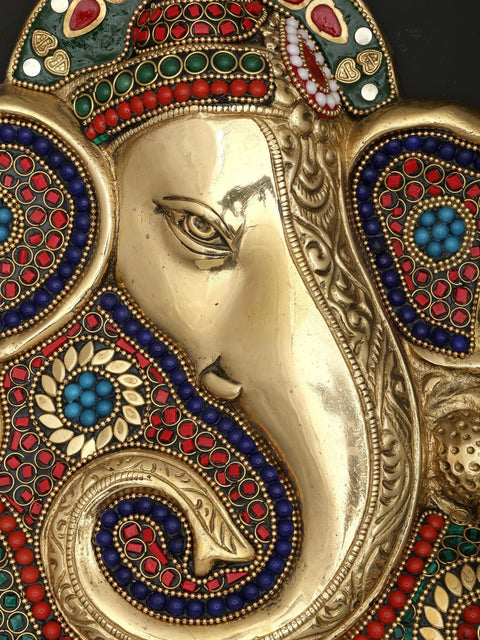 10" Lord Ganesha | Wall Hanging Brass Statue with Inlay Work