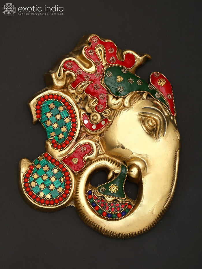10" Brass Lord Ganesha Wall Hanging Statue with Om and Inlay Work