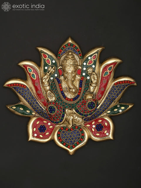 10" Bhagawan Ganesha on Lotus | Wall Hanging | Brass Statue with Inlay Work