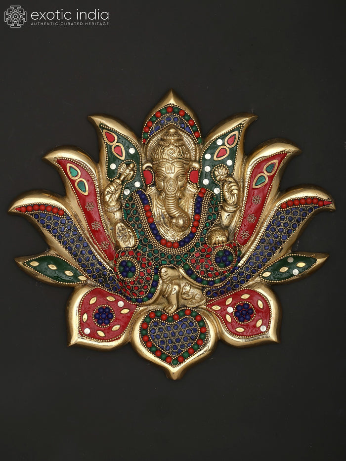 10" Brass Ganesha on Lotus Wall Hanging Statue with Inlay Work