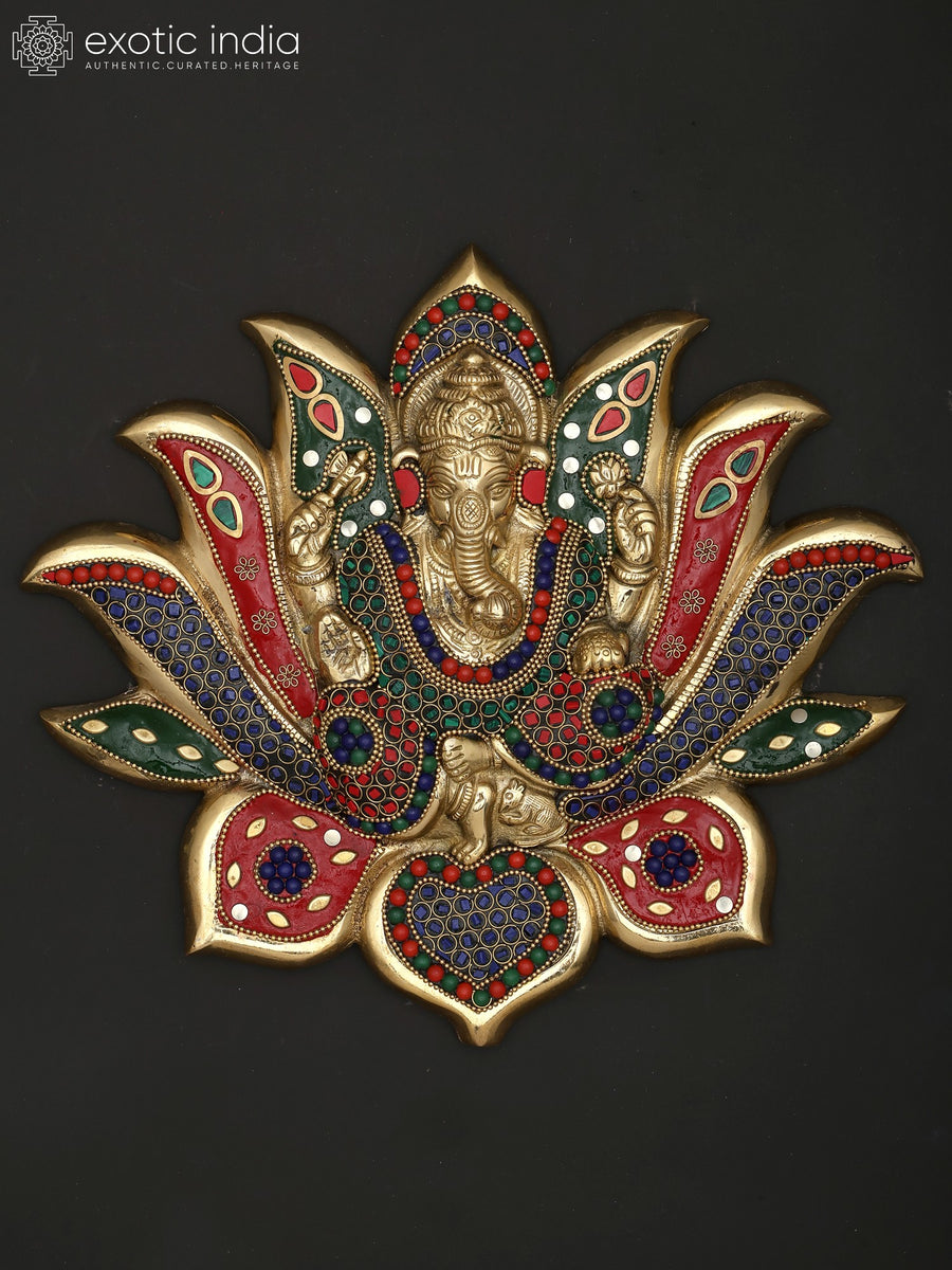 10" Brass Ganesha on Lotus Wall Hanging Statue with Inlay Work