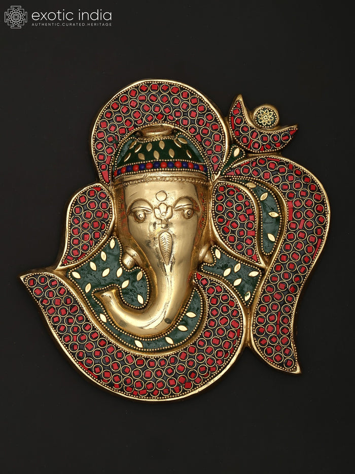 9" Om Style Ganesha Brass Wall Hanging Statue with Inlay Work