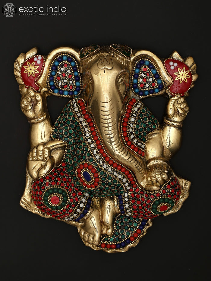 9" Chaturbhuja Lord Ganesha Handmade Brass Statue with Inlay Work