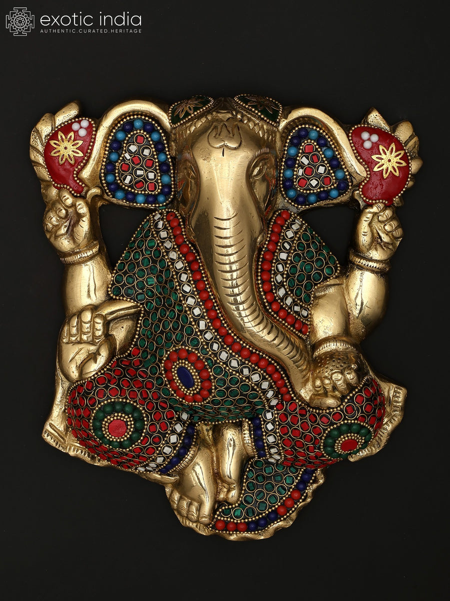 9" Chaturbhuja Lord Ganesha Handmade Brass Statue with Inlay Work